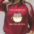 Life Is Better With Books Cats And Coffee Cute Kitten Raglan Sleeve Sweatshirt Heather Dust