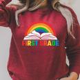 Rainbow Colors First Grade Squad Reading Book Graphic Raglan Sleeve Sweatshirt Heather Dust