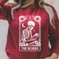 The Reader Tarot Card Book Lover Skeleton Reading Book Raglan Sleeve Sweatshirt Heather Dust