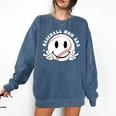 Baseball Mom Era Ball Mom Smile Face Groovy Mother's Day Comfort Colors Sweatshirt Blue Jean