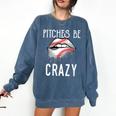 Baseball Mom Pitches Be Crazy Lips Premium Comfort Colors Sweatshirt Blue Jean