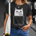 中指 猫 ポケット 面白い 漫画 猫 ホワイト プレミアム Tシャツ 彼女への贈り物