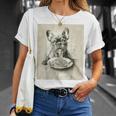 フレンチブルドッグ スパゲッティ モノクロ アート ブラック ホワイト ドッグ Tシャツ 彼女への贈り物