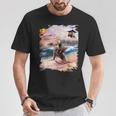 日本海岸でナマケモノに乗るパグ犬 Tシャツ 面白い贈り物