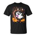 Ghost Reading Book On Swing Halloween Autumn Art T-Shirt