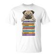 Cute Pug Dog Reading Book On Pile Of Books T-Shirt