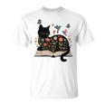 Floral Cat Reading Book Kitten Illustration T-Shirt Floral Cat Reading Book Kitten Illustration T-Shirt