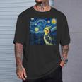 ゴッホの星空を見つめるかわいいオカメインコ 星月夜 Tシャツ 彼への贈り物