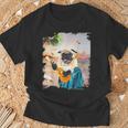 アロハ ハワイアン 犬 パグ ウクレレ ビーチ ファニー Tシャツ 高齢者への贈り物