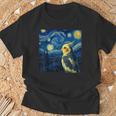 ゴッホの星空を見つめるかわいいオカメインコ 星月夜 Tシャツ 高齢者への贈り物