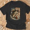 ビンテージバスフィッシング迷彩、アメリカ国旗。 長袖tシャツ Tシャツ 高齢者への贈り物
