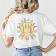Groovy Retro Floral Happy Smiling Face Baseball Mom Women's T-Shirt Back Print Groovy Retro Floral Happy Smiling Face Baseball Mom Women's T-Shirt Back Print