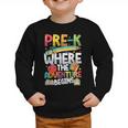 Pre-K Where The Adventure Begins First Day & Back To School Graphic Toddler Sweatshirt Pre-K Where The Adventure Begins First Day & Back To School Graphic Toddler Sweatshirt