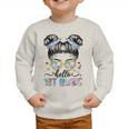Hello 1st Grade Messy Bun Girl Back To School First Day Graphic Toddler Sweatshirt