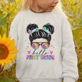 Hello First Grade Shirt Messy Bun Tie Dye Back To School Graphic Toddler Sweatshirt Hello First Grade Shirt Messy Bun Tie Dye Back To School Graphic Toddler Sweatshirt
