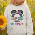 Messy Hair Bun Girl Back To School First Day Hello 1st Grade Graphic Toddler Sweatshirt Messy Hair Bun Girl Back To School First Day Hello 1st Grade Graphic Toddler Sweatshirt