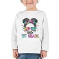 Messy Hair Bun Girl Back To School First Day Hello 1st Grade Graphic Toddler Long Sleeve Tee