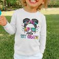 Messy Hair Bun Girl Back To School First Day Hello 1st Grade Graphic Toddler Long Sleeve Tee