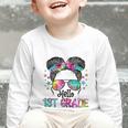 Messy Hair Bun Girl Back To School First Day Hello 1st Grade Graphic Toddler Long Sleeve Tee