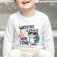 Watch Out Kindergarten Here I Come Cute Cat Back To School Graphic Toddler Long Sleeve Tee