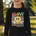 Peace Love Kindergarten Smile Face Back To School Girls Kids Graphic Toddler Long Sleeve Tee Peace Love Kindergarten Smile Face Back To School Girls Kids Graphic Toddler Long Sleeve Tee