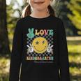 Peace Love Kindergarten Smile Face Hippie Back To School Graphic Toddler Long Sleeve Tee Peace Love Kindergarten Smile Face Hippie Back To School Graphic Toddler Long Sleeve Tee