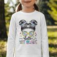 Hello 1st Grade Messy Bun Girl Back To School First Day Graphic Toddler Long Sleeve Tee Hello 1st Grade Messy Bun Girl Back To School First Day Graphic Toddler Long Sleeve Tee