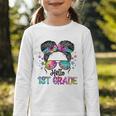 Messy Hair Bun Girl Back To School First Day Hello 1st Grade Graphic Toddler Long Sleeve Tee