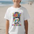 Hello 4th Grade Messy Bun Girls Back To School First Day Graphic Kid T-Shirt Hello 4th Grade Messy Bun Girls Back To School First Day Graphic Kid T-Shirt
