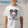 Messy Hair Bun Girl Back To School First Day Hello 1st Grade Graphic Kid T-Shirt