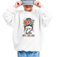 Hello 4th Grade Messy Bun Girls Back To School First Day Graphic Kid Sweatshirt Hello 4th Grade Messy Bun Girls Back To School First Day Graphic Kid Sweatshirt
