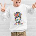 Hello 4th Grade Messy Bun Girls Back To School First Day Graphic Kid Sweatshirt Hello 4th Grade Messy Bun Girls Back To School First Day Graphic Kid Sweatshirt