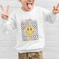 Hello Kindergarten Hippie Smile Face Back To School Graphic Kid Sweatshirt Hello Kindergarten Hippie Smile Face Back To School Graphic Kid Sweatshirt
