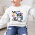 Watch Out Kindergarten Here I Come Cute Cat Back To School Graphic Kid Sweatshirt Watch Out Kindergarten Here I Come Cute Cat Back To School Graphic Kid Sweatshirt