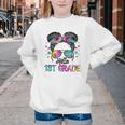 Messy Hair Bun Girl Back To School First Day Hello 1st Grade Youth Crewneck Sweatshirt