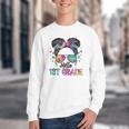 Messy Hair Bun Girl Back To School First Day Hello 1st Grade Youth Crewneck Sweatshirt