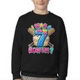 Blue Checkered I Was 6 Now I'm 7 Birthday Cake Baseball Drip Youth Crewneck Sweatshirt