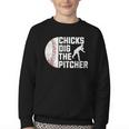 Chicks Dig The Pitcher Baseball Youth Crewneck Sweatshirt