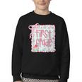 First Grade Coquette Bow Pink Preppy Back To School Girls Youth Crewneck Sweatshirt First Grade Coquette Bow Pink Preppy Back To School Girls Youth Crewneck Sweatshirt