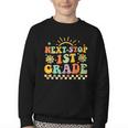 Next Stop 1st Grade Groovy Retro First Grade Back To School Youth Crewneck Sweatshirt Next Stop 1st Grade Groovy Retro First Grade Back To School Youth Crewneck Sweatshirt