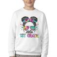 Messy Hair Bun Girl Back To School First Day Hello 1st Grade Youth Crewneck Sweatshirt