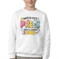 Watch Out Pre-K Here I Come Back To School Pre-K Youth Crewneck Sweatshirt Watch Out Pre-K Here I Come Back To School Pre-K Youth Crewneck Sweatshirt