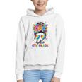 Hello 4th Grade Messy Bun Girls Back To School First Day Graphic Youth Hoodie
