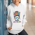 Hello 4th Grade Messy Bun Girls Back To School First Day Graphic Youth Hoodie