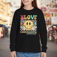 Peace Love Kindergarten Smile Face Back To School Girls Kids Youth Long Sleeve Tee Peace Love Kindergarten Smile Face Back To School Girls Kids Youth Long Sleeve Tee