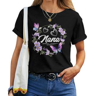 Nana Purple Floral Butterfly Heart Wreath Mother's Day Women T-shirt | Mazezy