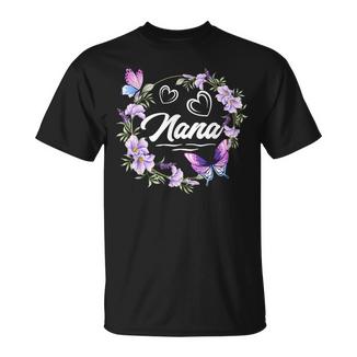 Nana Purple Floral Butterfly Heart Wreath Mother's Day T-Shirt | Mazezy
